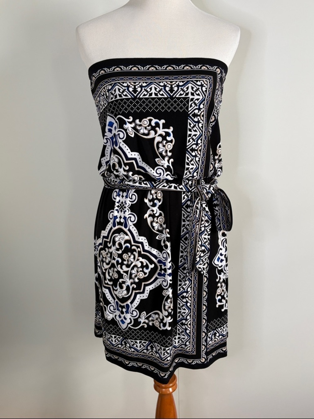 Strapless Black & White Printed Belted Dress with Blue Accents